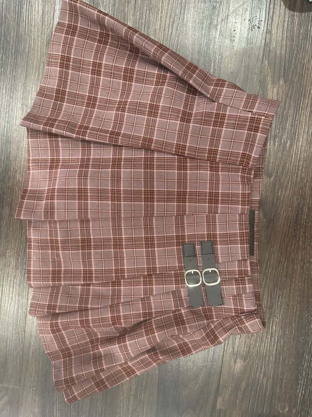 Zara Kids Brown Plaid Pleated Skirt with Buckles Size 11/12 Years